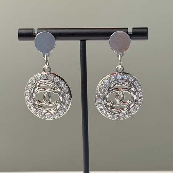 CHANEL Jewelry - Silver Crystal Medallion Drop Earrings